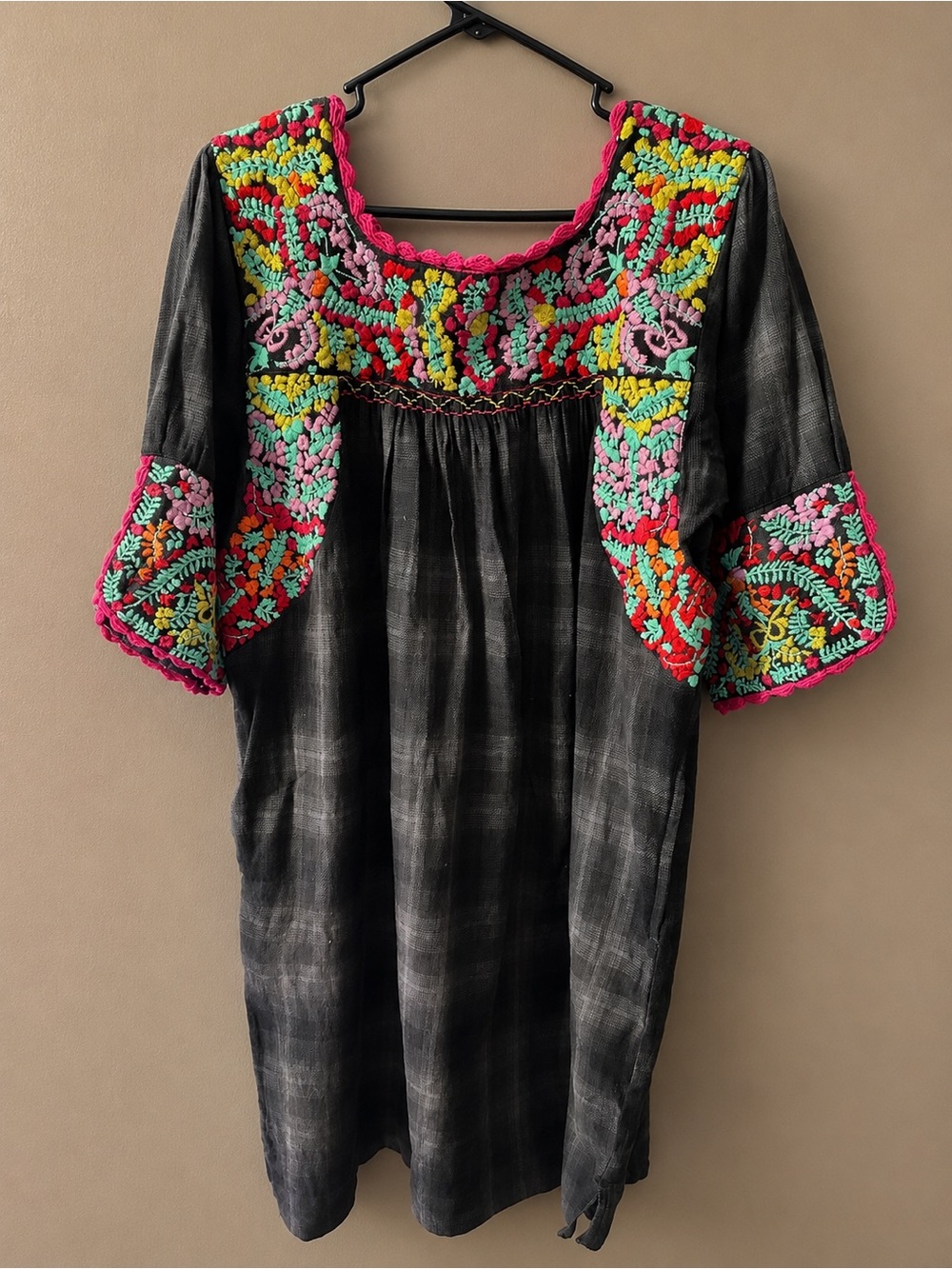 SISTER MARY Embroidered Black Top with Bright Floral Yoke